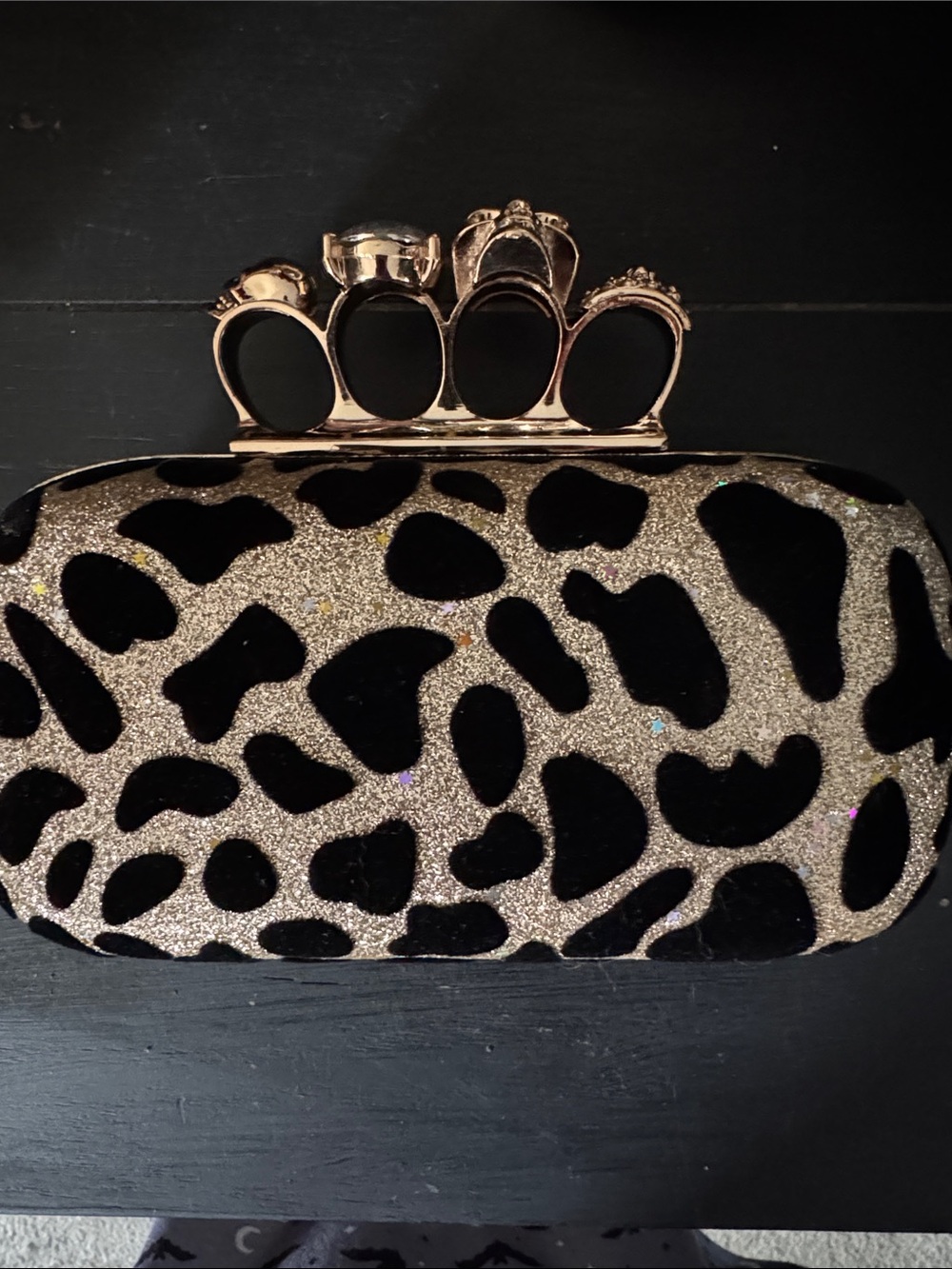 Women's Glitter Leopard Knuckle-Handle Clutch Bag - Black & Gold